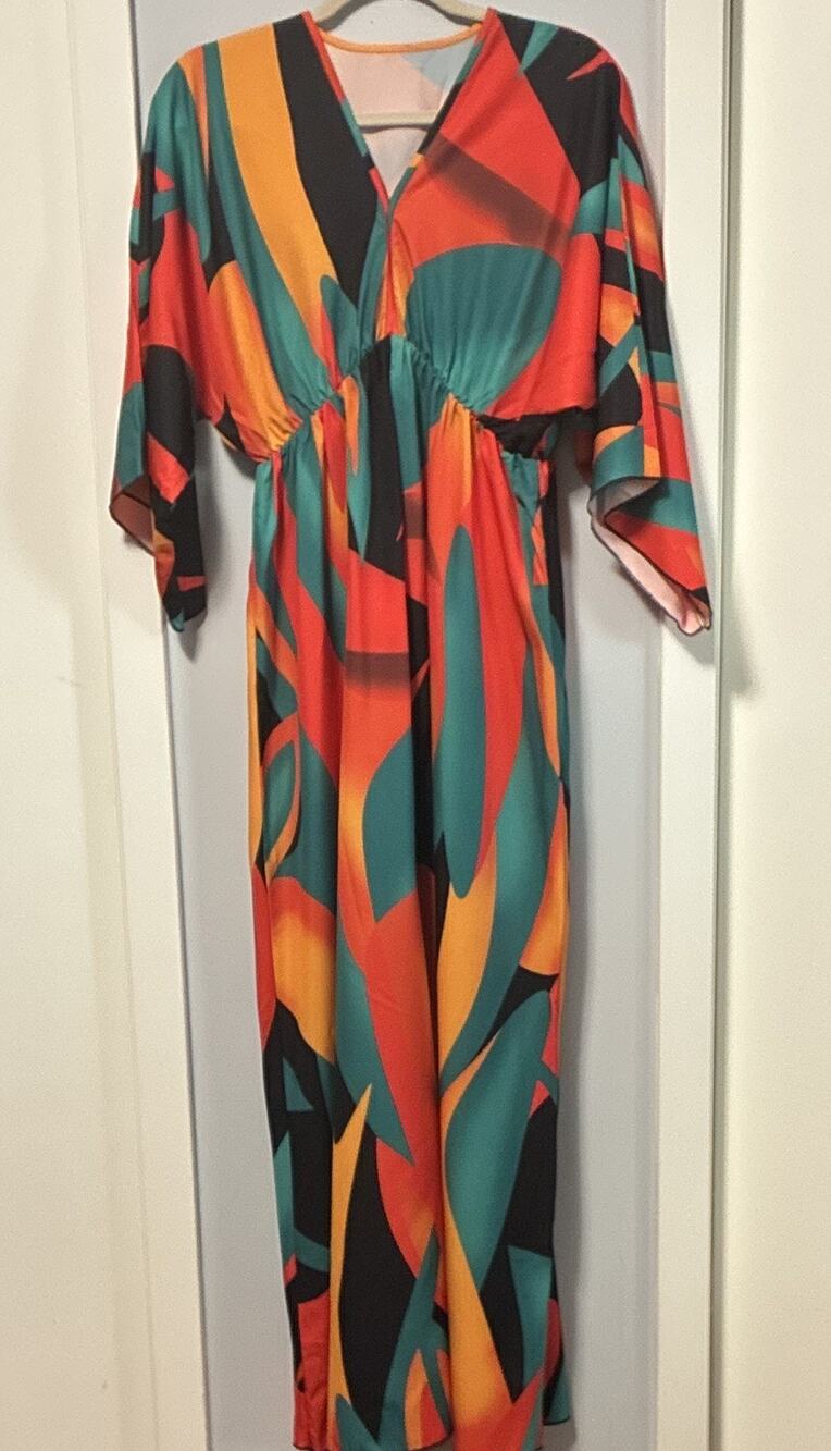 Women’s Multicolor Abstract Print Maxi Dress Split Tropical Stretch S Runs big
